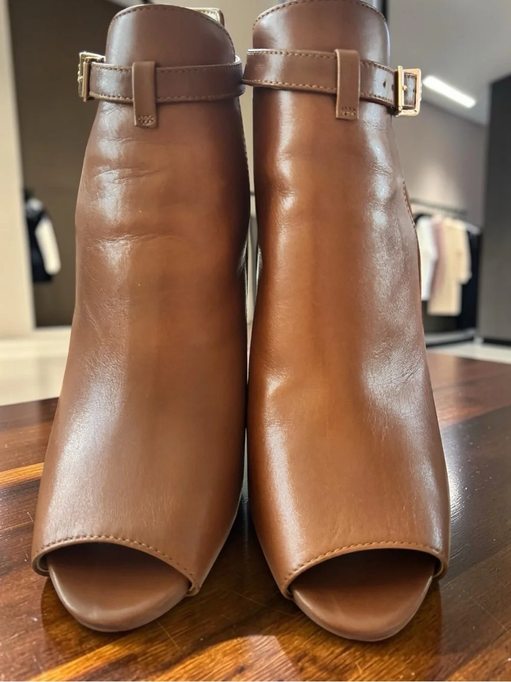 Michael Kors Lawson Open Toe Heeled Booties Brown Leather Size 7.5